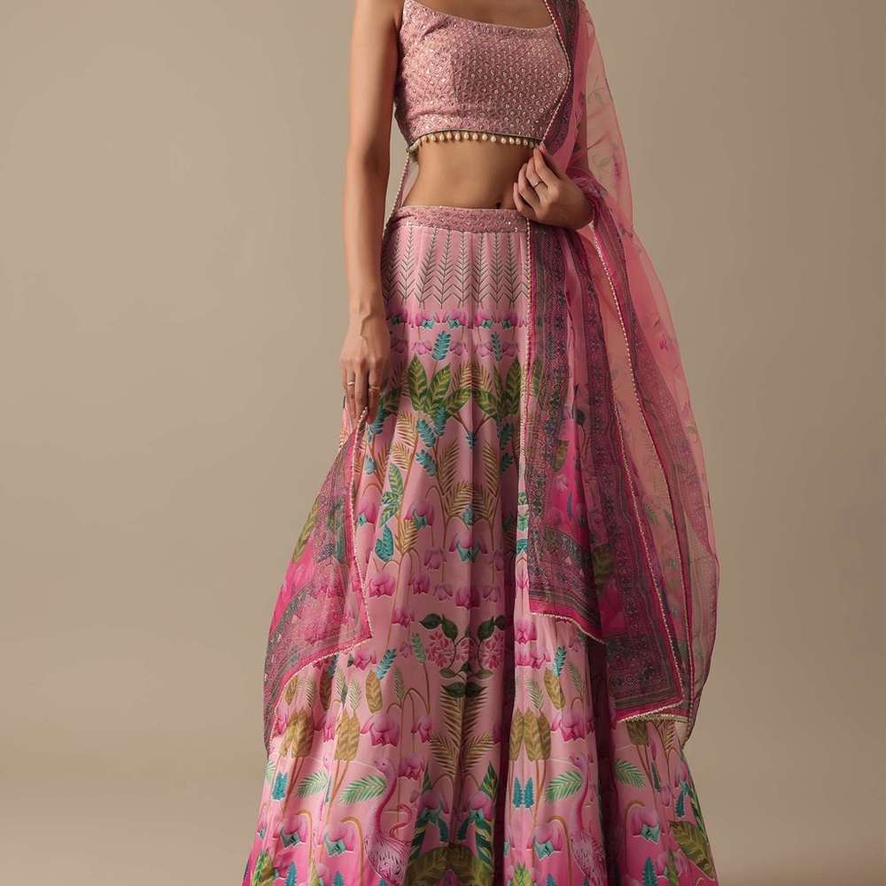 Sold Out Kalki 3 Piece Pink Satin Printed Lehenga Set Size 4